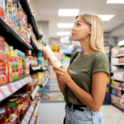 mujer siendo atraída por el material POP en el supermercado